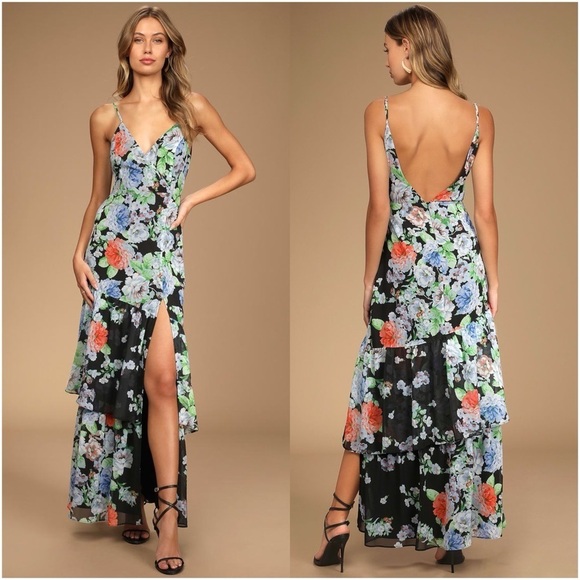 LULU’S Effortless Energy Black Floral Print Asymmetrical Maxi Dress - Picture 1 of 9